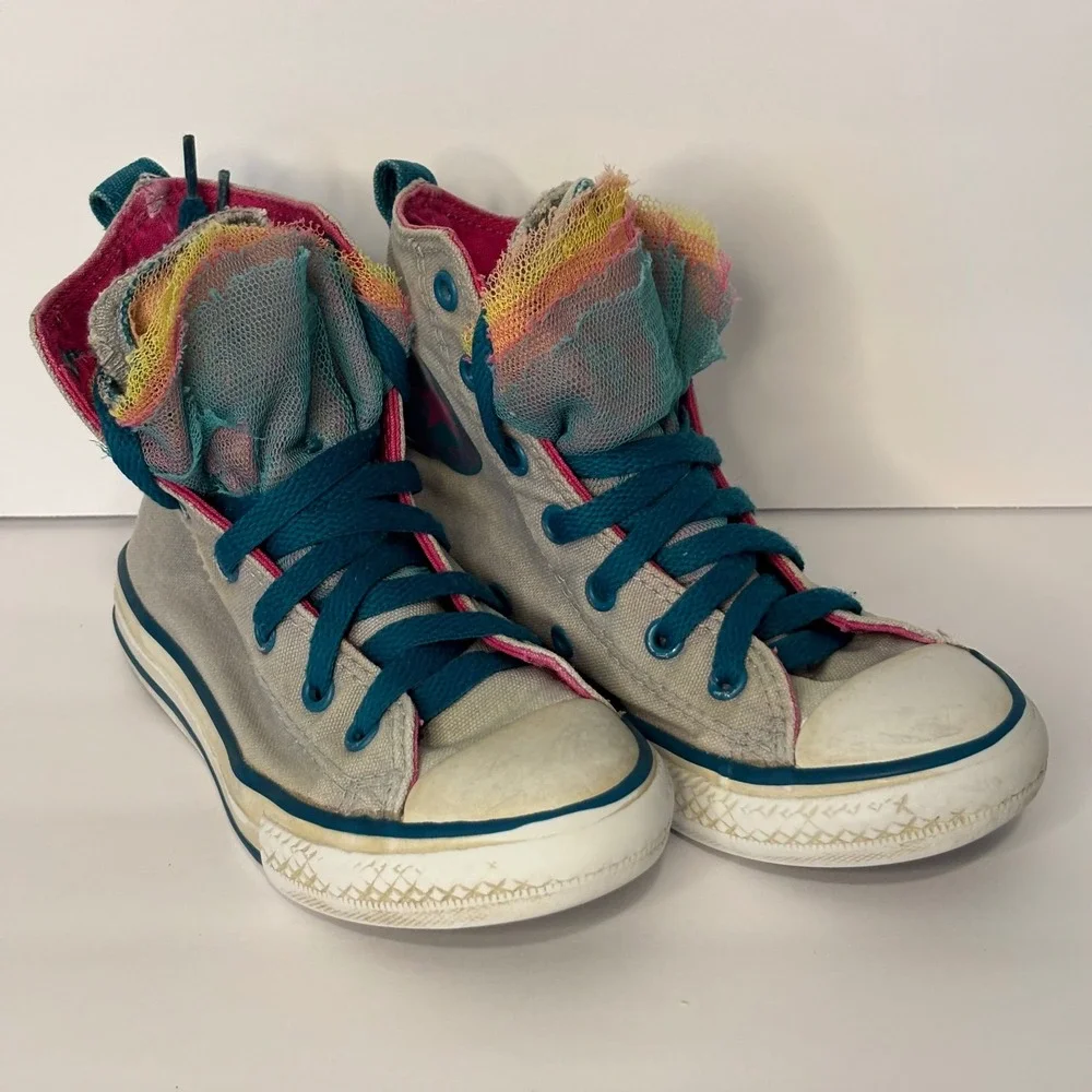 Converse All Star Girls Kids 12 High Top Sneakers‎ Gray Teal Pink Rainbow Tulle